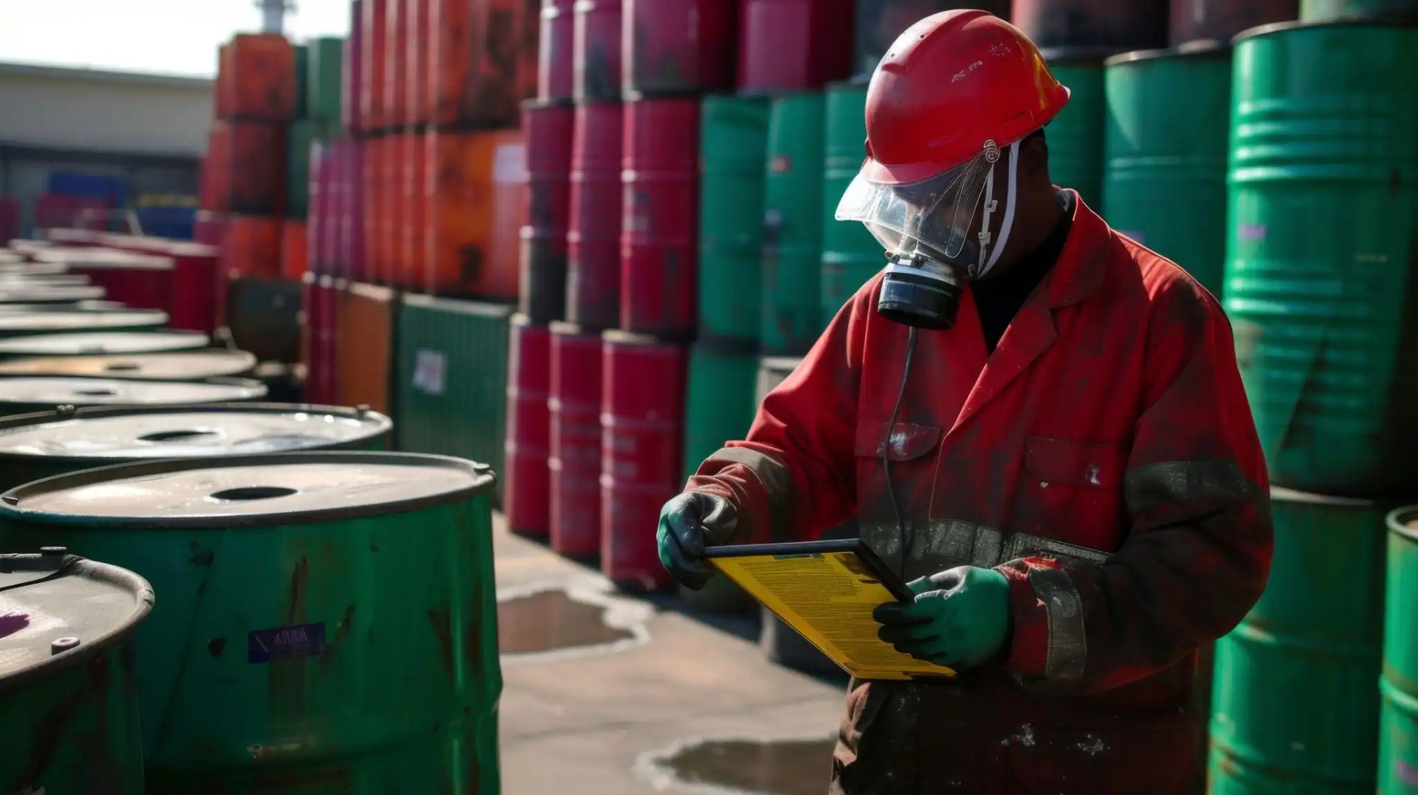 maritime crew member inspects drums of hazardous chemicals